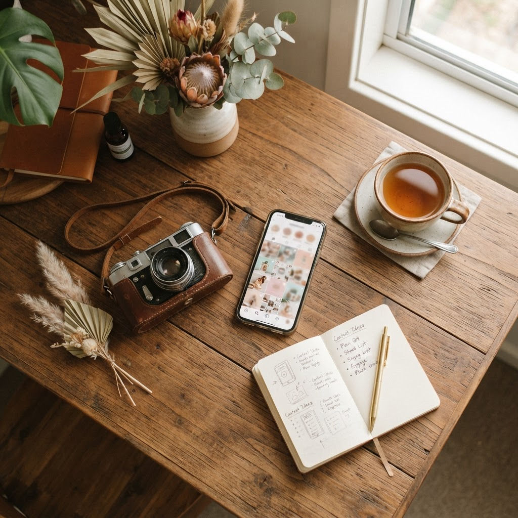 A content creator's desk with a camera, phone, and notebook in warm light