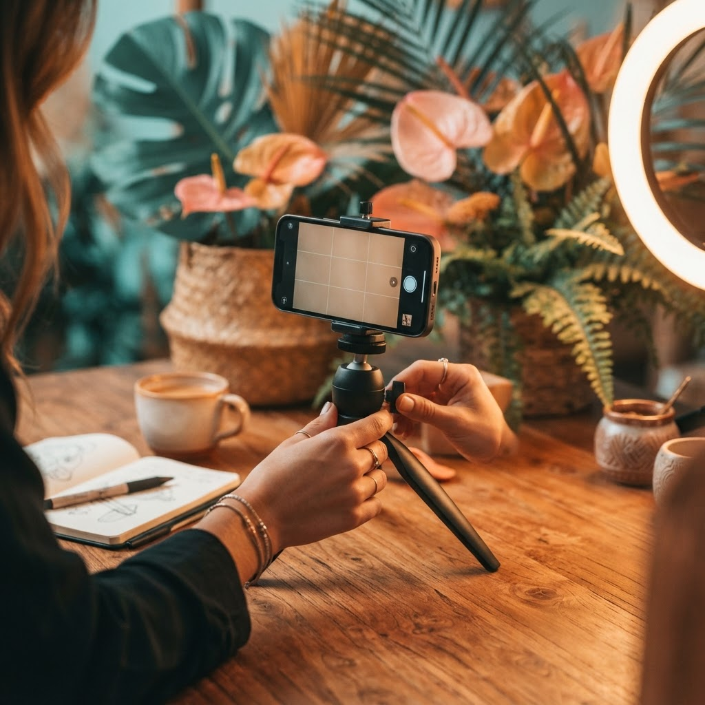 Hands setting up a smartphone on a tripod with a ring light for filming