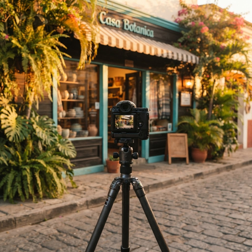 A camera on a tripod pointed at a small business storefront in golden light