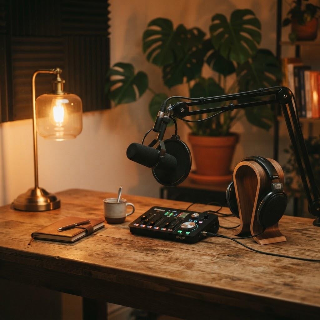 A cozy podcast recording setup with a microphone and warm lamp light