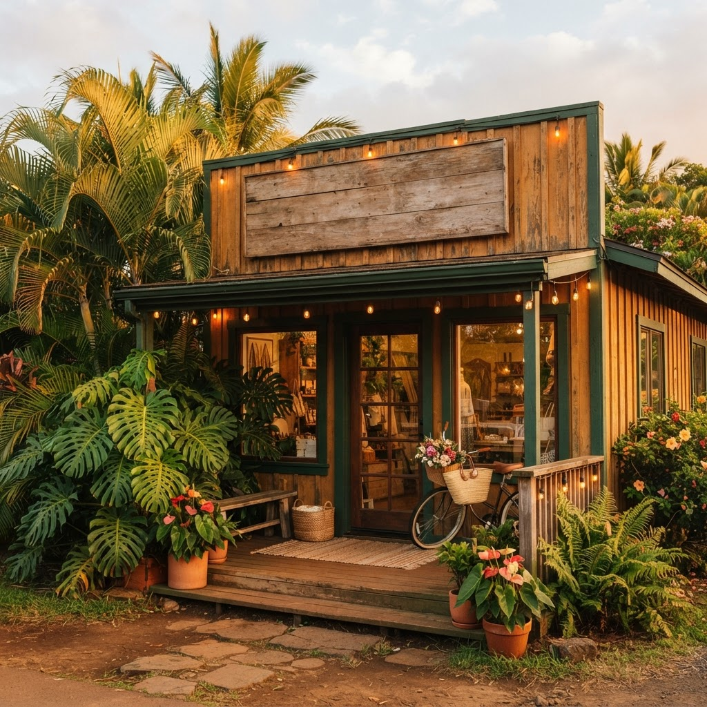 A charming storefront with a hand-painted sign and warm string lights